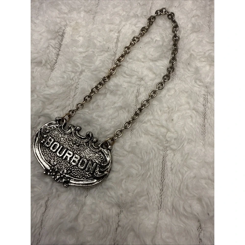 Vintage White Metal BOURBON / RYE Decanter Tag Label Silver Chain Reversible EUC